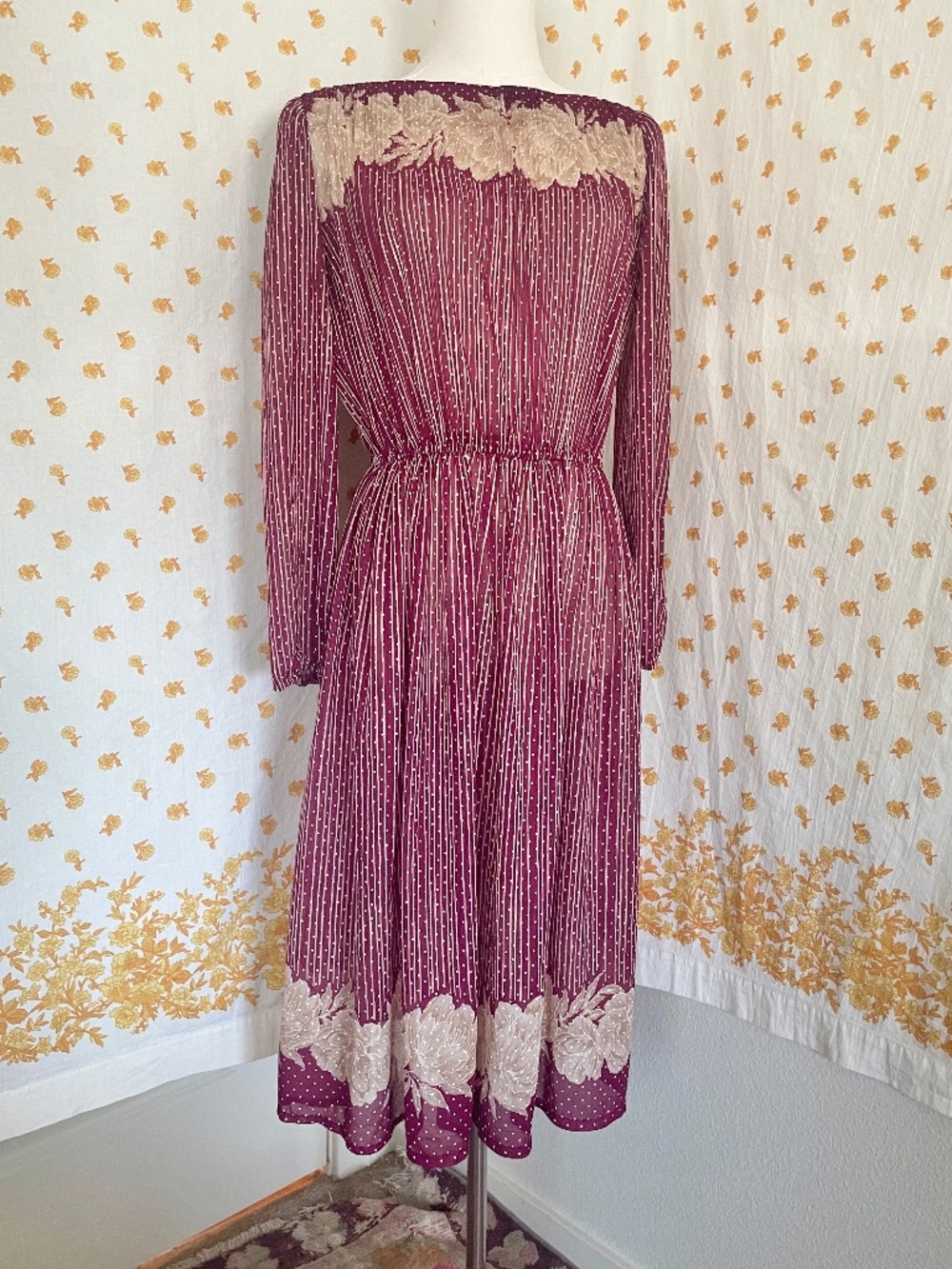Vintage 80s Sally Petite Burgundy Sheer Floral Dress